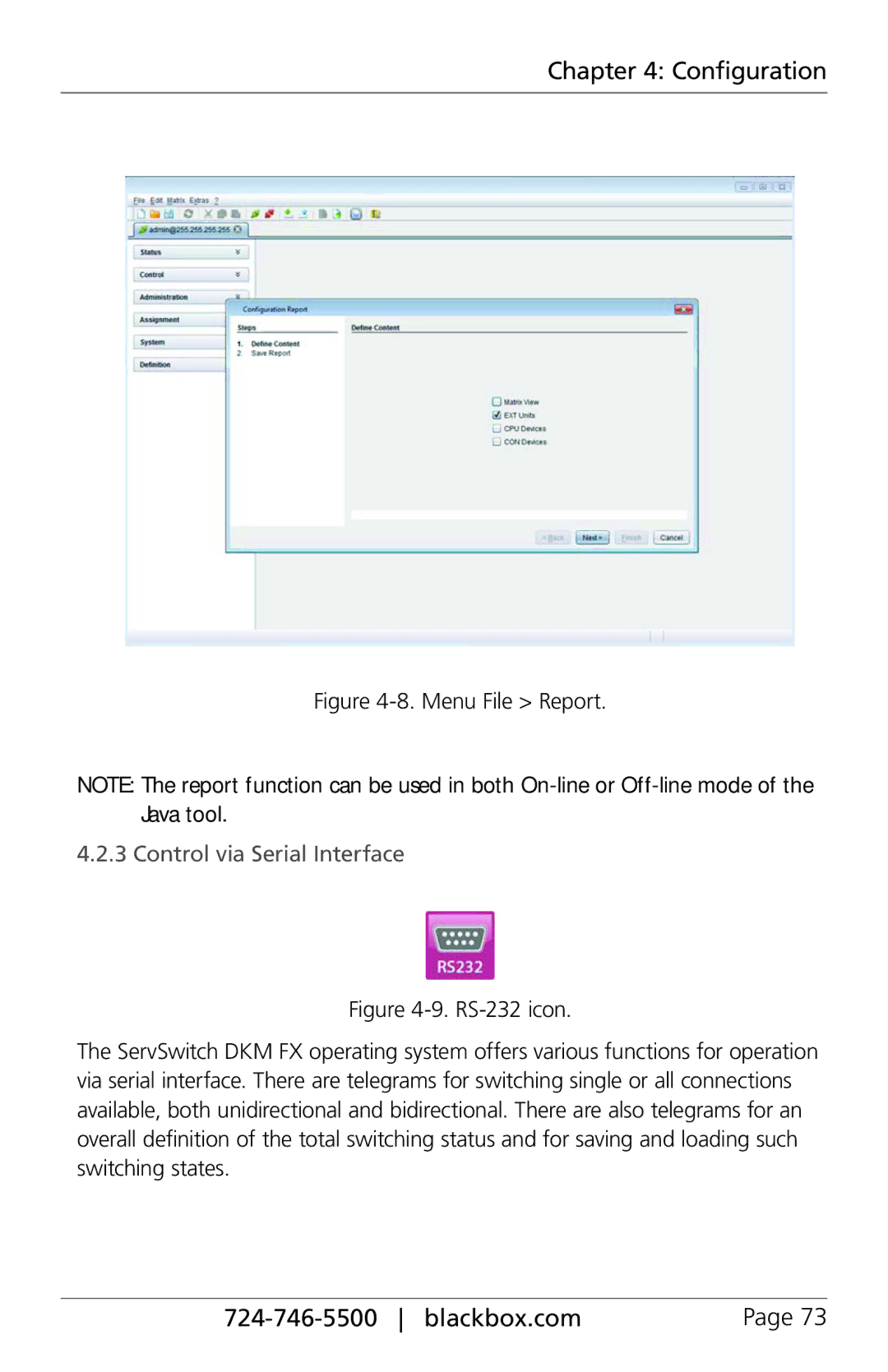 Black Box ACXC16, ACXC48, ACXC32, ServSwitch DKM FX and DKM FX Compact manual Menu File Report, Control via Serial Interface 