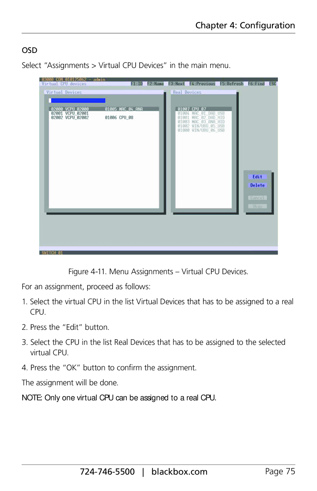 Black Box ServSwitch DKM FX and DKM FX Compact, ACXC48, ACXC16 manual Select Assignments Virtual CPU Devices in the main menu 