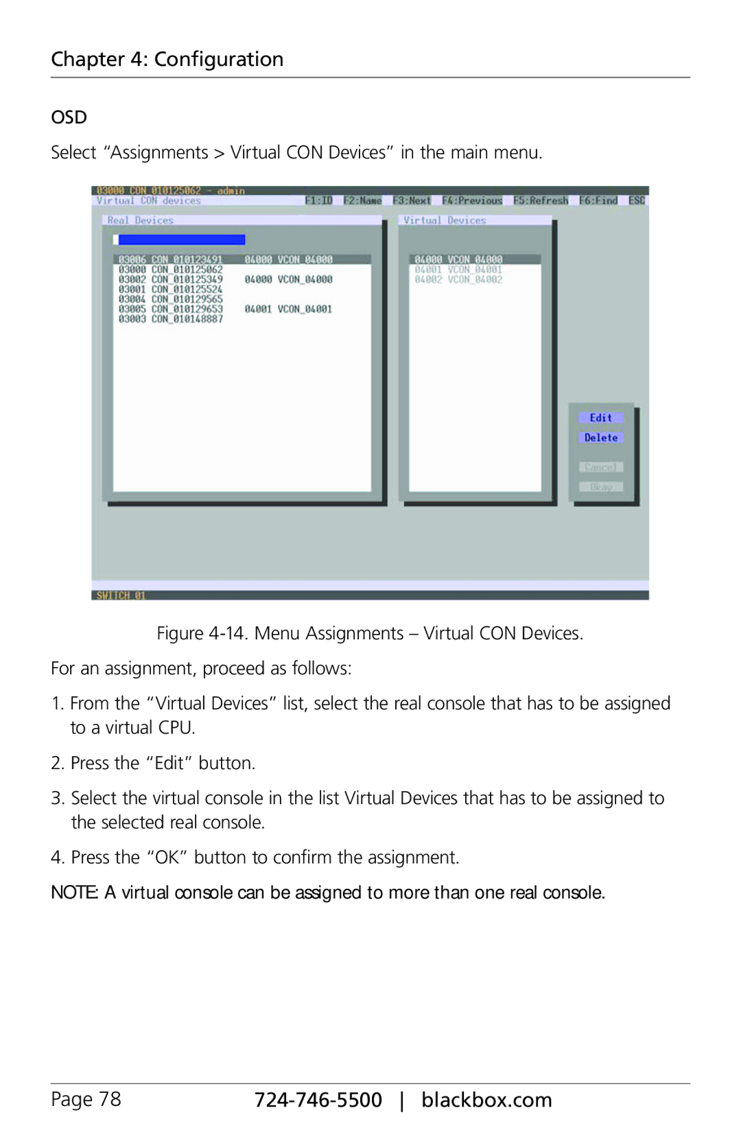 Black Box ACXC32, ACXC48, ACXC16 manual Select Assignments Virtual CON Devices in the main menu 