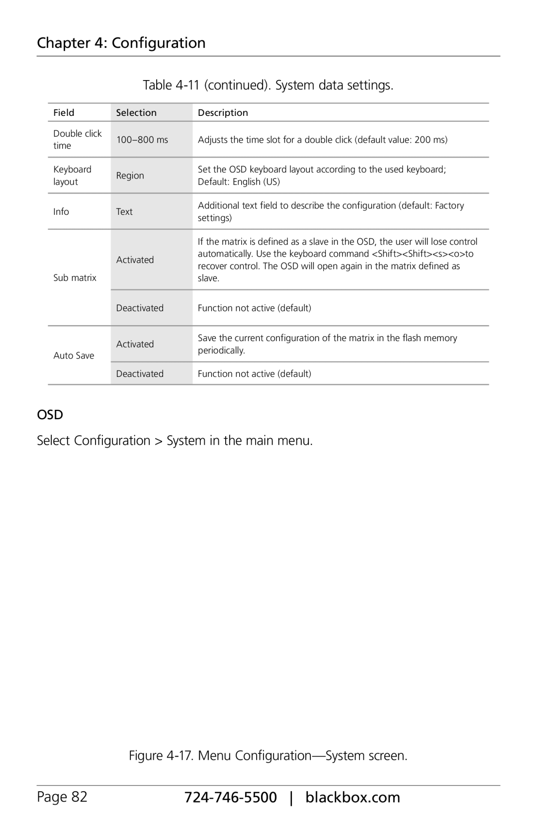 Black Box ACXC32, ACXC48, ACXC16 manual System data settings, Select Configuration System in the main menu 