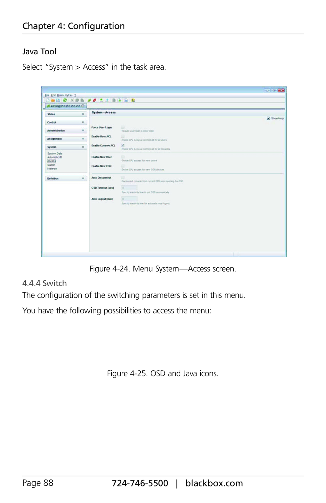 Black Box ACXC48, ACXC16, ACXC32 manual Java Tool Select System Access in the task area, Switch 