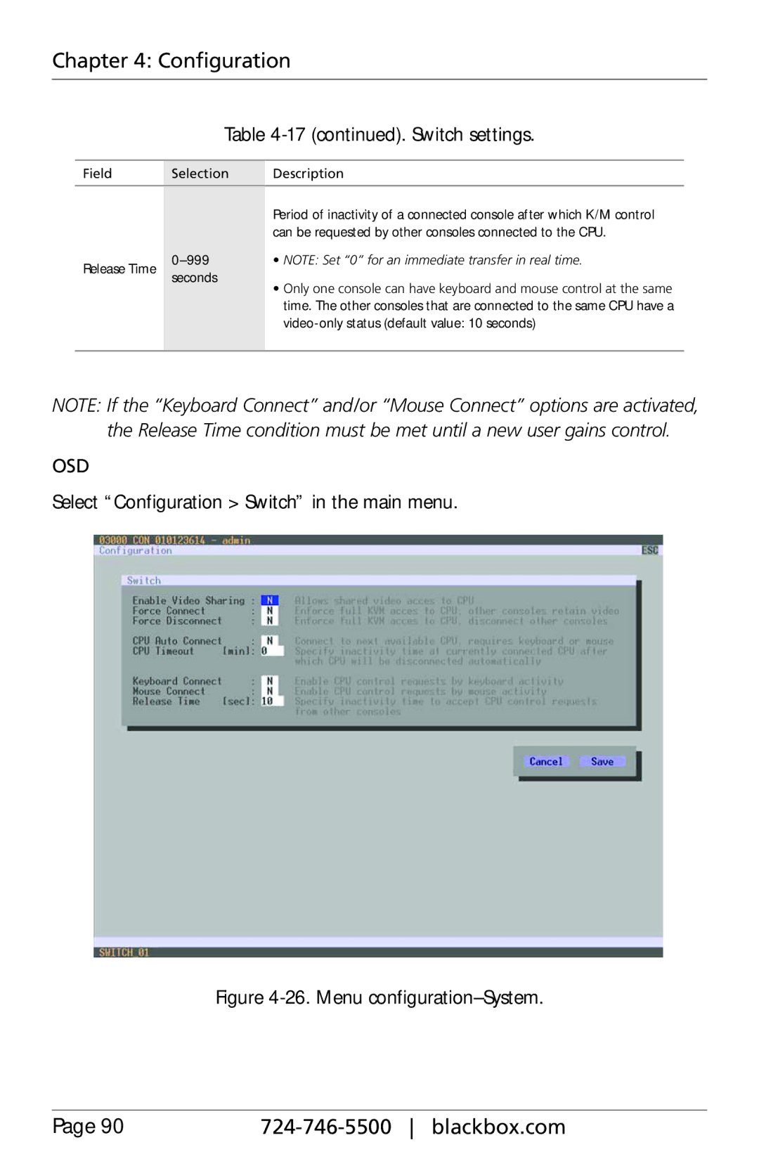 Black Box ACXC32, ACXC48, ACXC16 manual Switch settings, Select Configuration Switch in the main menu 