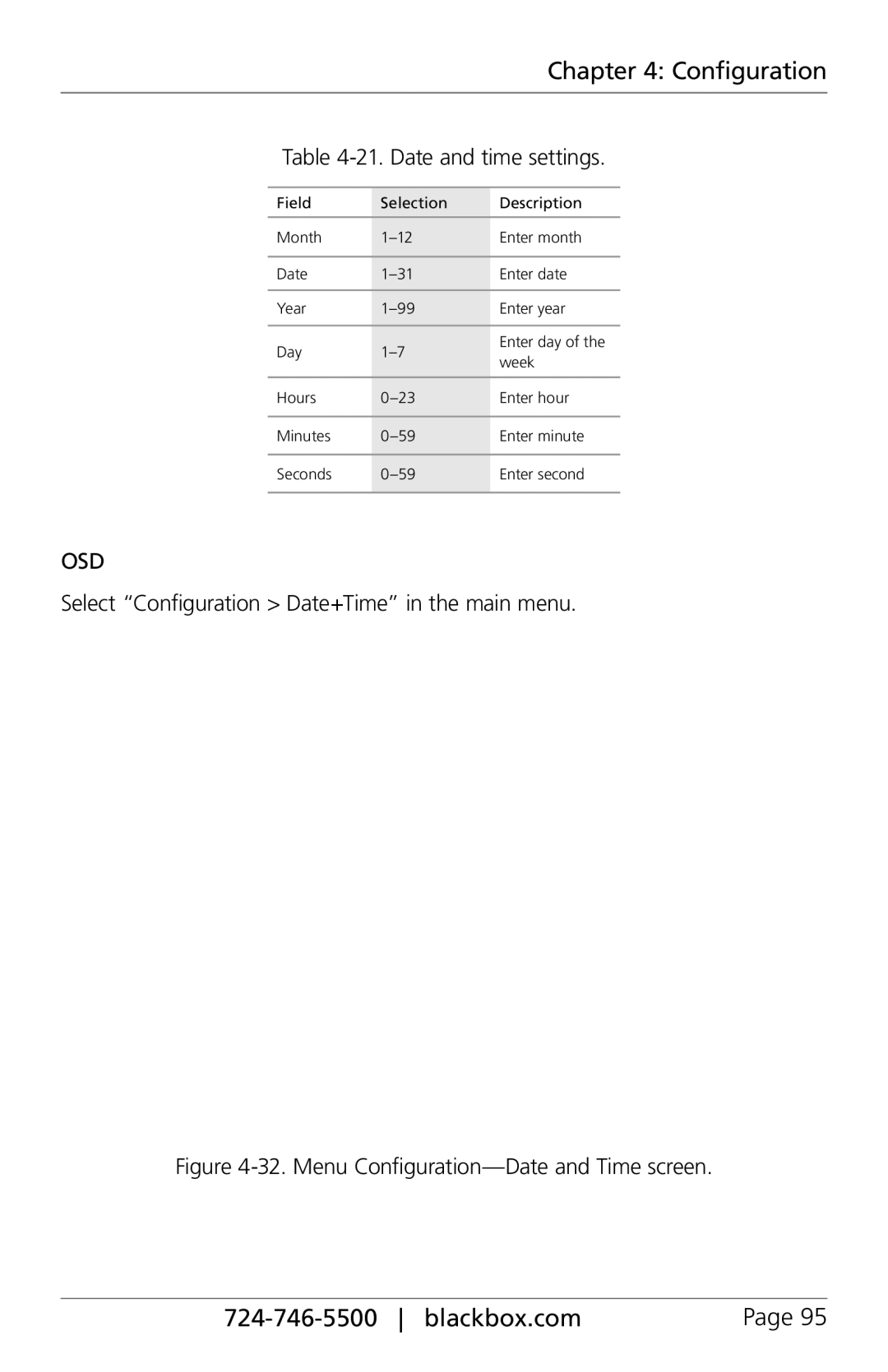 Black Box ServSwitch DKM FX and DKM FX Compact Date and time settings, Select Configuration Date+Time in the main menu 