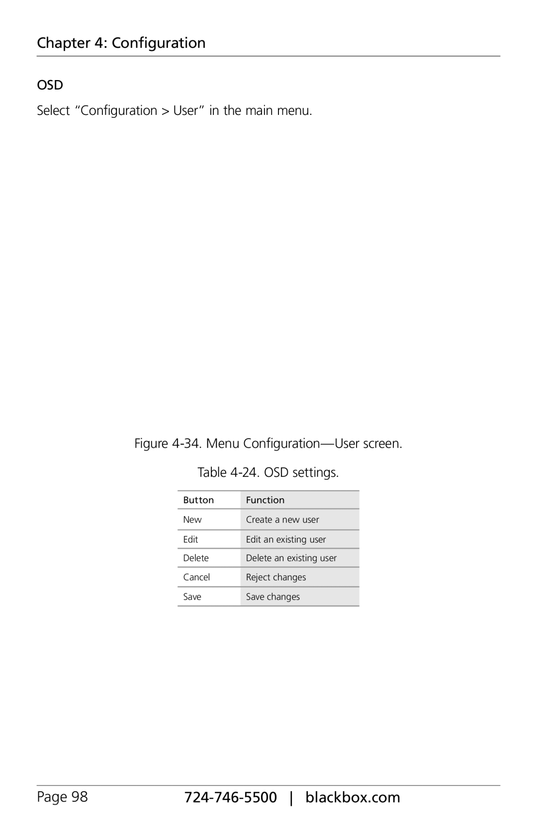 Black Box ACXC32, ACXC48 manual Select Configuration User in the main menu, Menu Configuration-User screen 24. OSD settings 