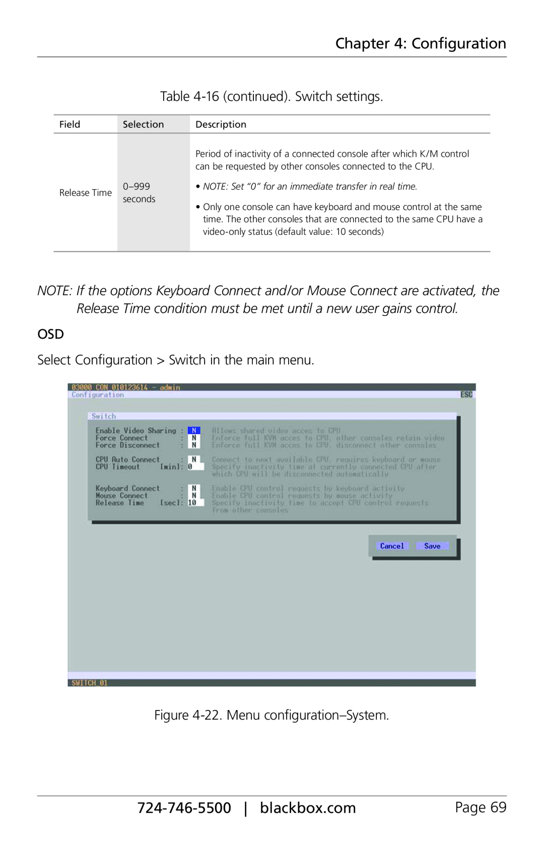 Black Box ACX160 Configuration, 724-746-5500| blackbox.com, 16continued. Switch settings, 22.Menu configuration–System 