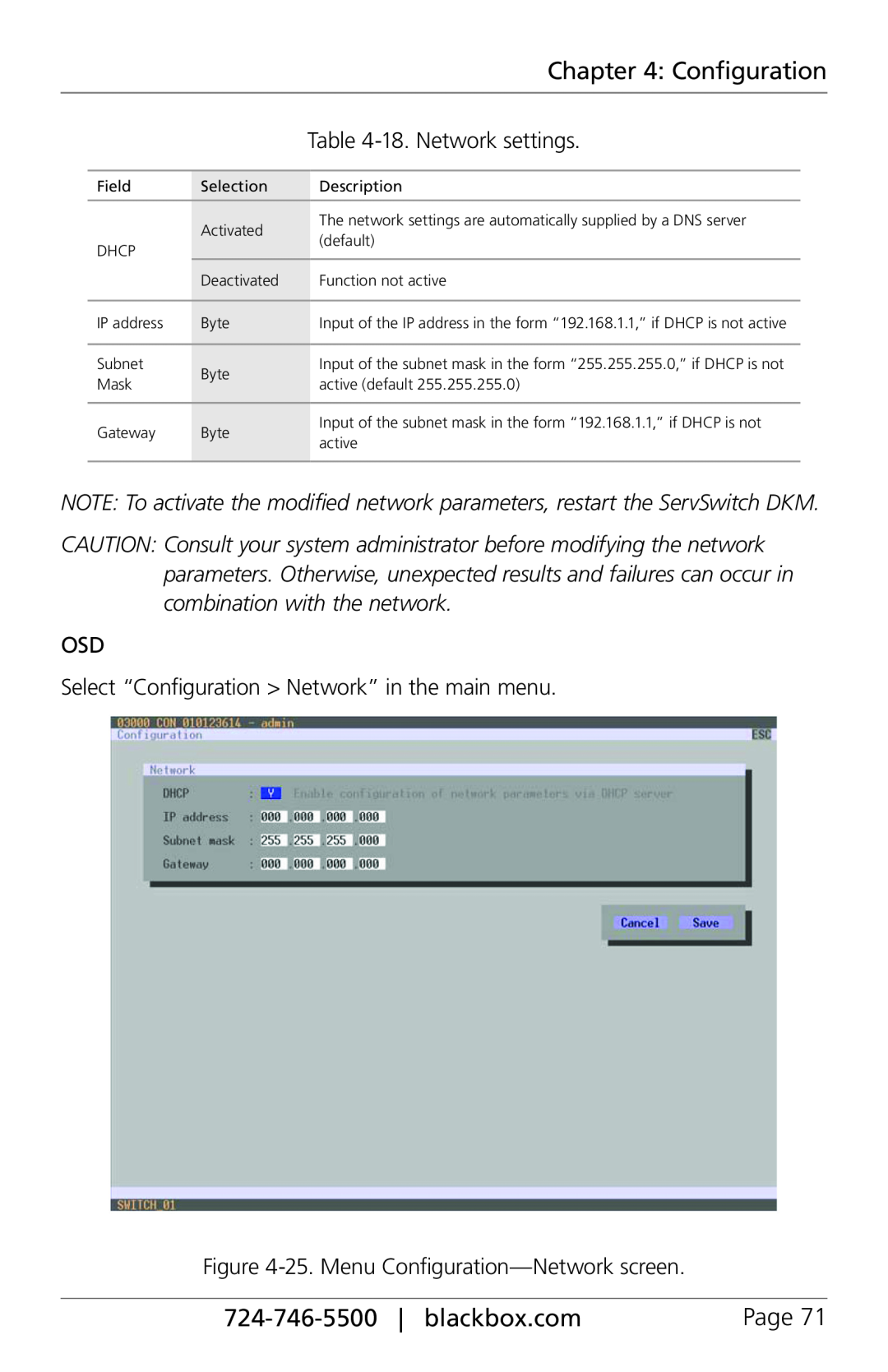 Black Box ACXSFPC, ACXIO8-C 724-746-5500| blackbox.com, 18.Network settings, 25.Menu Configuration—Networkscreen, Page 