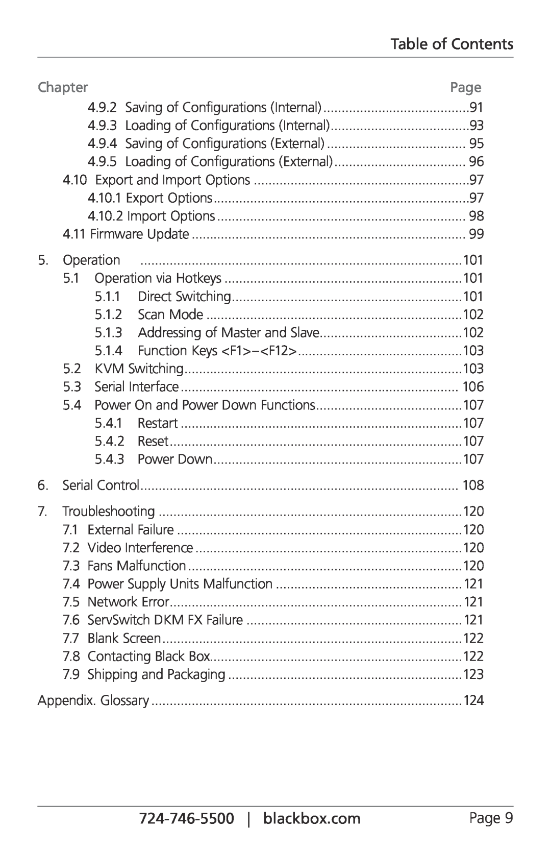 Black Box ACX080, ACXIO8-C, ACXSFPC, ACXSFPS, ACXIO8-SPF Table of Contents, 724-746-5500| blackbox.com, Chapter, Page, 4.9.2 