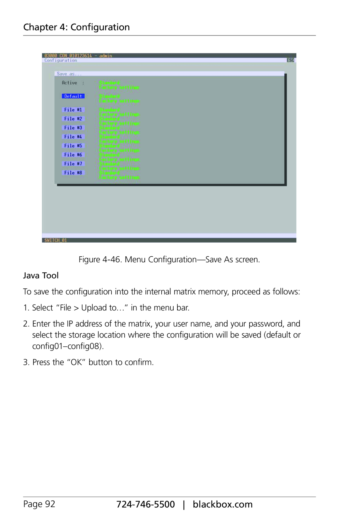 Black Box ACX048, ACXIO8-C, ACXSFPC, ACXSFPS manual Page, 724-746-5500| blackbox.com, 46.Menu Configuration—SaveAs screen 