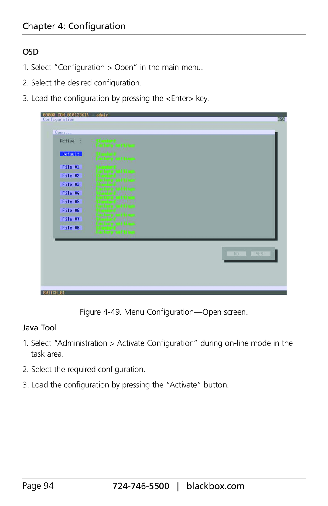 Black Box ACX080-PS, ACXIO8-C, ACXSFPC Page, 724-746-5500| blackbox.com, Select “Configuration > Open” in the main menu 