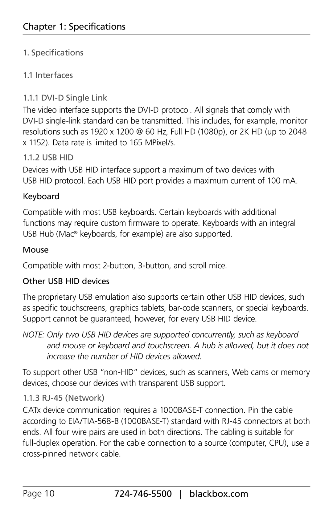 Black Box ACX080-PS, ACXIO8-C, ACXSFPC, ACX048 Specifications 1.1 Interfaces DVI-D Single Link, Usb Hid, 3 RJ-45 Network 