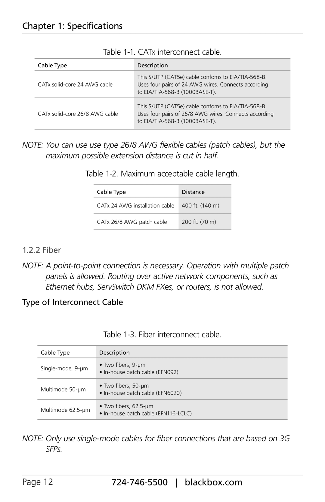 Black Box ACX288, ACXIO8-C, ACXSFPC, ACXSFPS, ACXIO8-SPF manual CATx interconnect cable, Maximum acceptable cable length, Fiber 