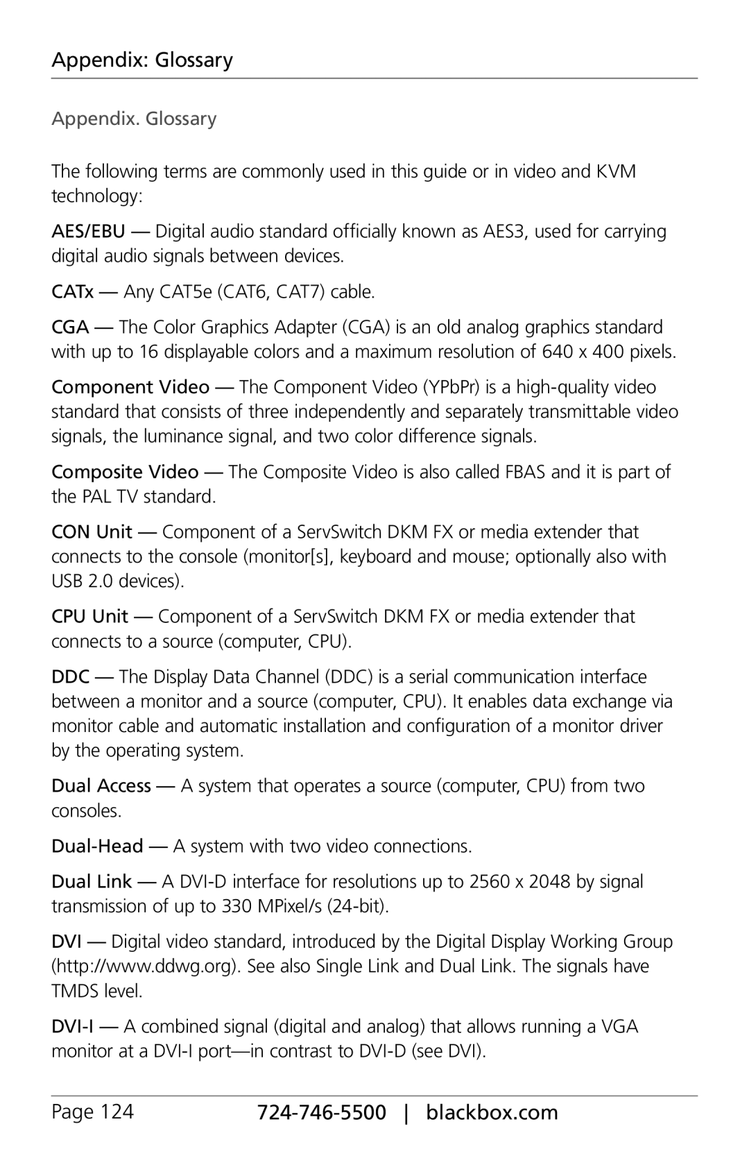 Black Box ACXIO8-C, ACXSFPC, ACXSFPS, ACXIO8-SPF, ACXIO8-SM, ACX288-PS, ACX288-CTL Appendix Glossary, Appendix. Glossary 