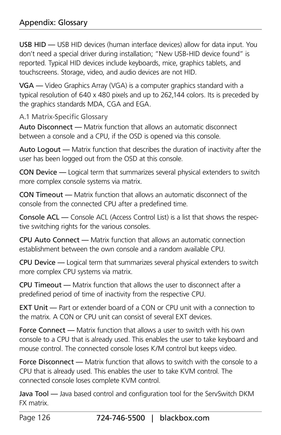 Black Box ACXIO8-C, ACXSFPC, ACXSFPS, ACXIO8-SPF, ACXIO8-SM, ACX288-PS, ServSwitch DKM-FX, ACX288-CTL Matrix-Specific Glossary 