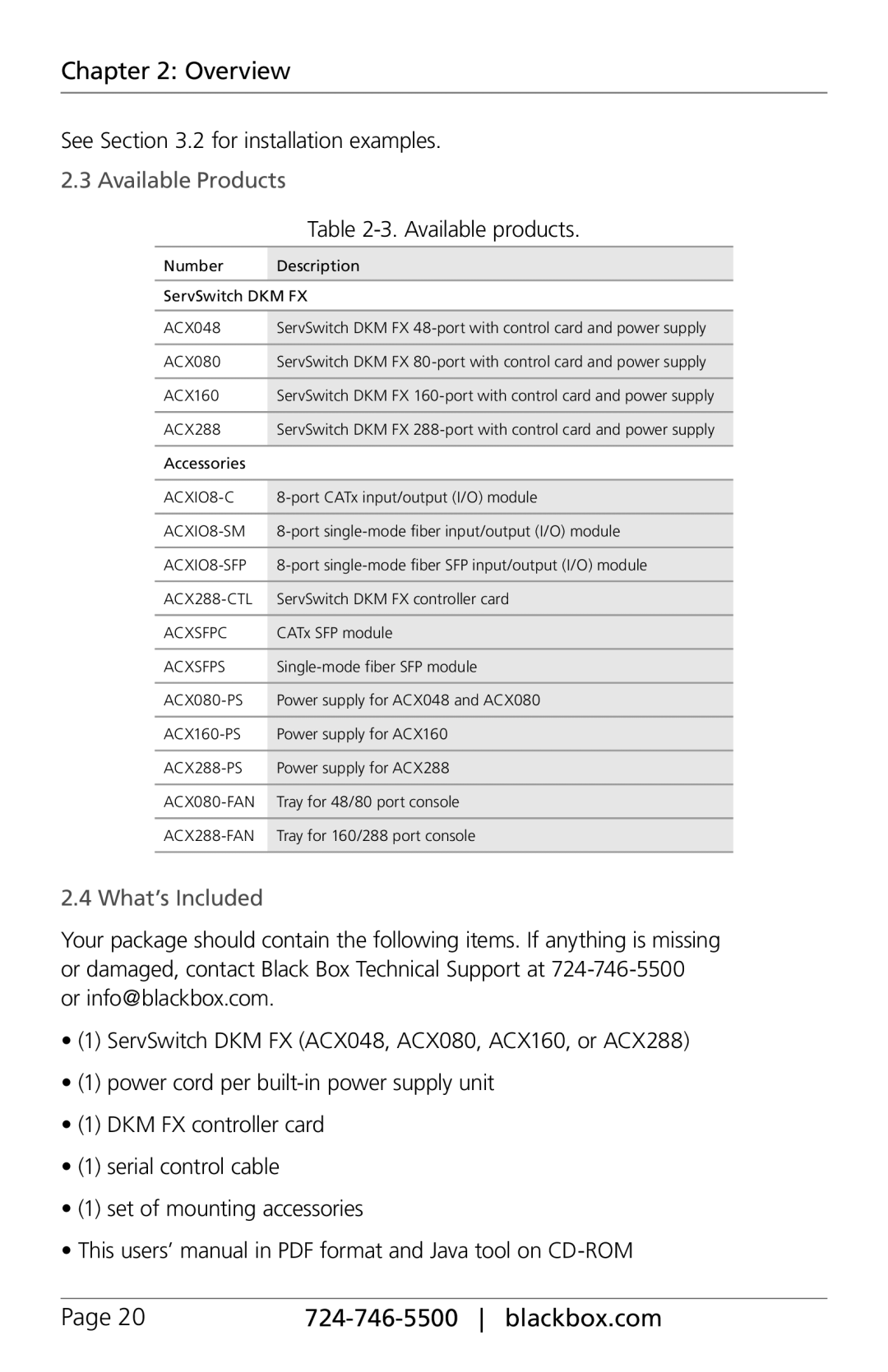 Black Box ServSwitch DKM-FX See .2 for installation examples, Available Products, Available products, What’s Included 