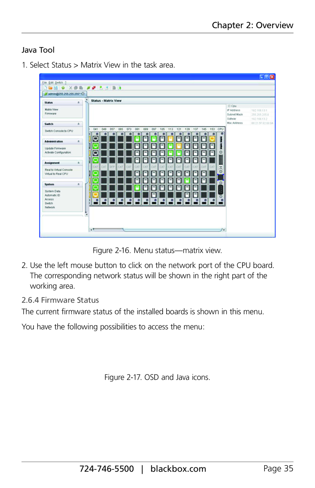 Black Box ACX288-CTL, ACXIO8-C, ACXSFPC, ACXSFPS manual Java Tool Select Status Matrix View in the task area, Firmware Status 