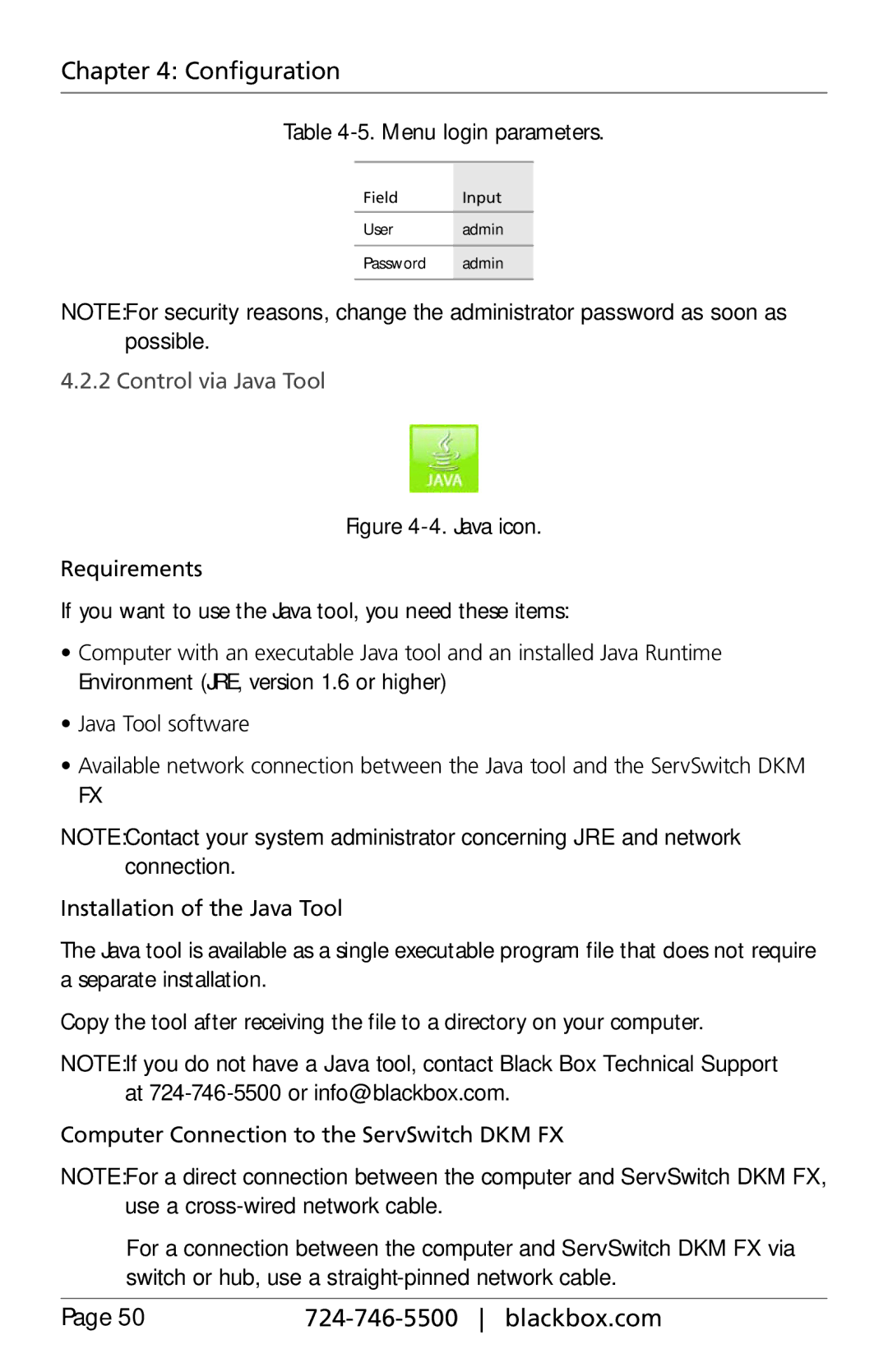 Black Box ACX048, ACXIO8-C, ACXSFPC, ACXSFPS, ACXIO8-SPF, ACXIO8-SM, ACX288-PS Menu login parameters, Control via Java Tool 