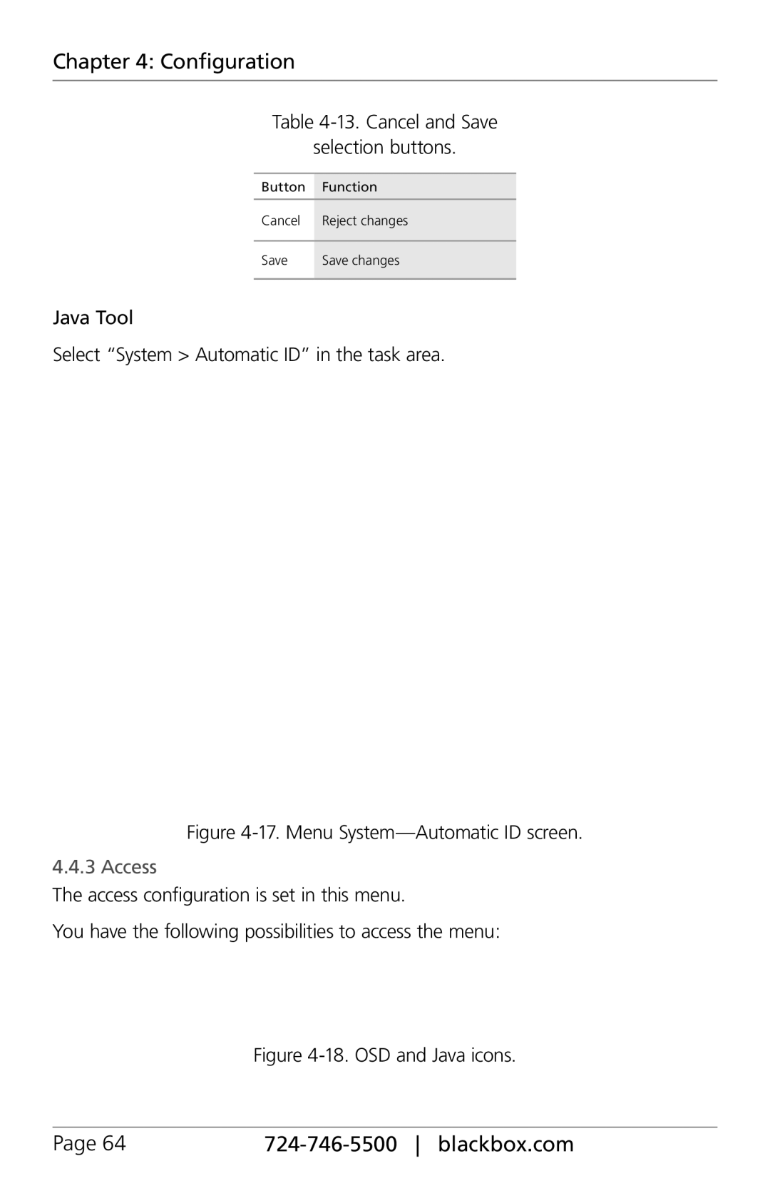 Black Box ACX048, ACXSFPC Cancel and Save Selection buttons, Java Tool Select System Automatic ID in the task area, Access 