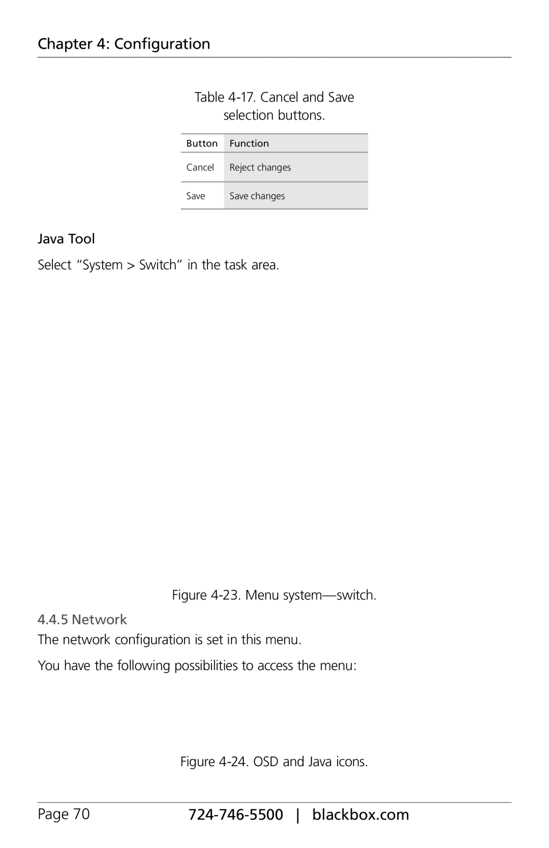 Black Box ACXIO8-C, ACXSFPC Cancel and Save Selection buttons, Java Tool Select System Switch in the task area, Network 