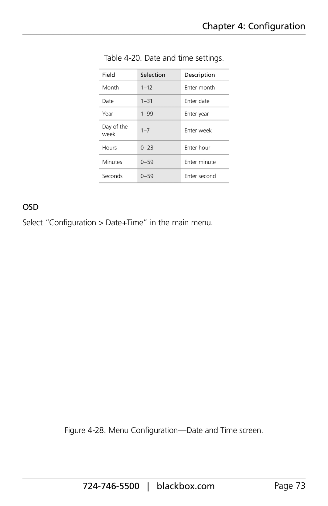 Black Box ACXIO8-SPF, ACXIO8-C, ACXSFPC, ACXSFPS Date and time settings, Select Configuration Date+Time in the main menu 