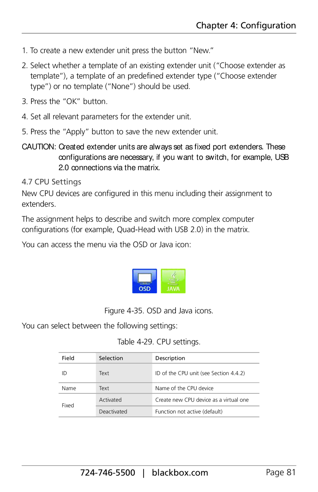 Black Box ACX160-PS, ACXIO8-C, ACXSFPC, ACXSFPS, ACXIO8-SPF CPU Settings, You can access the menu via the OSD or Java icon 