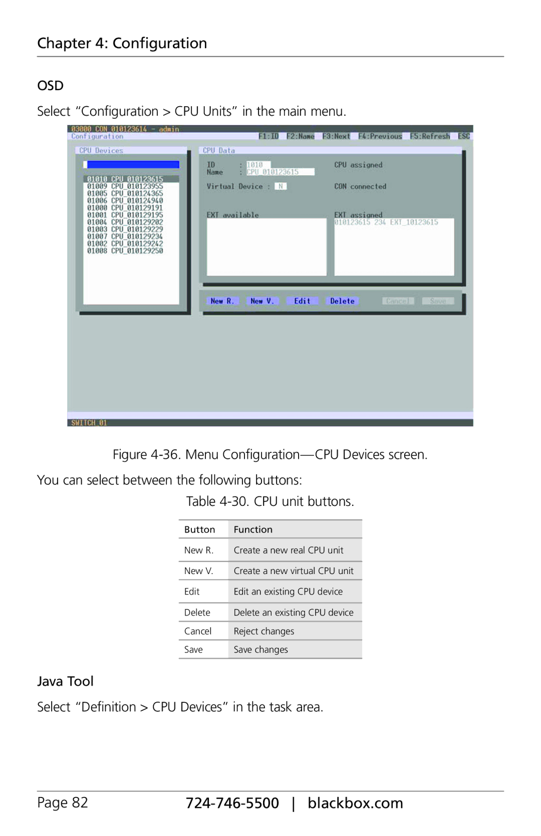 Black Box ACX288 Select Configuration CPU Units in the main menu, Java Tool Select Definition CPU Devices in the task area 