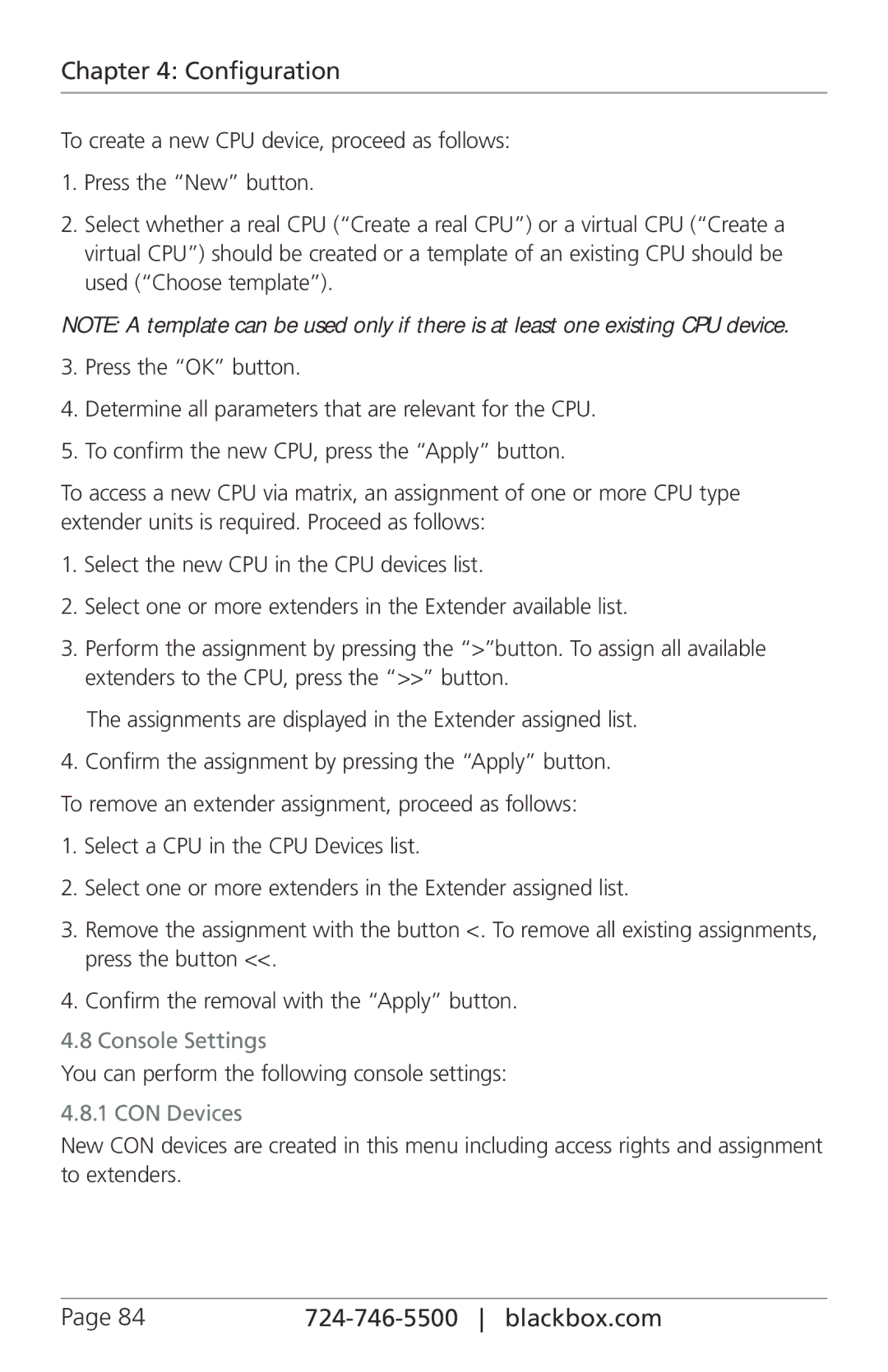 Black Box ACXIO8-C, ACXSFPC, ACXSFPS, ACX048 Console Settings, You can perform the following console settings, CON Devices 