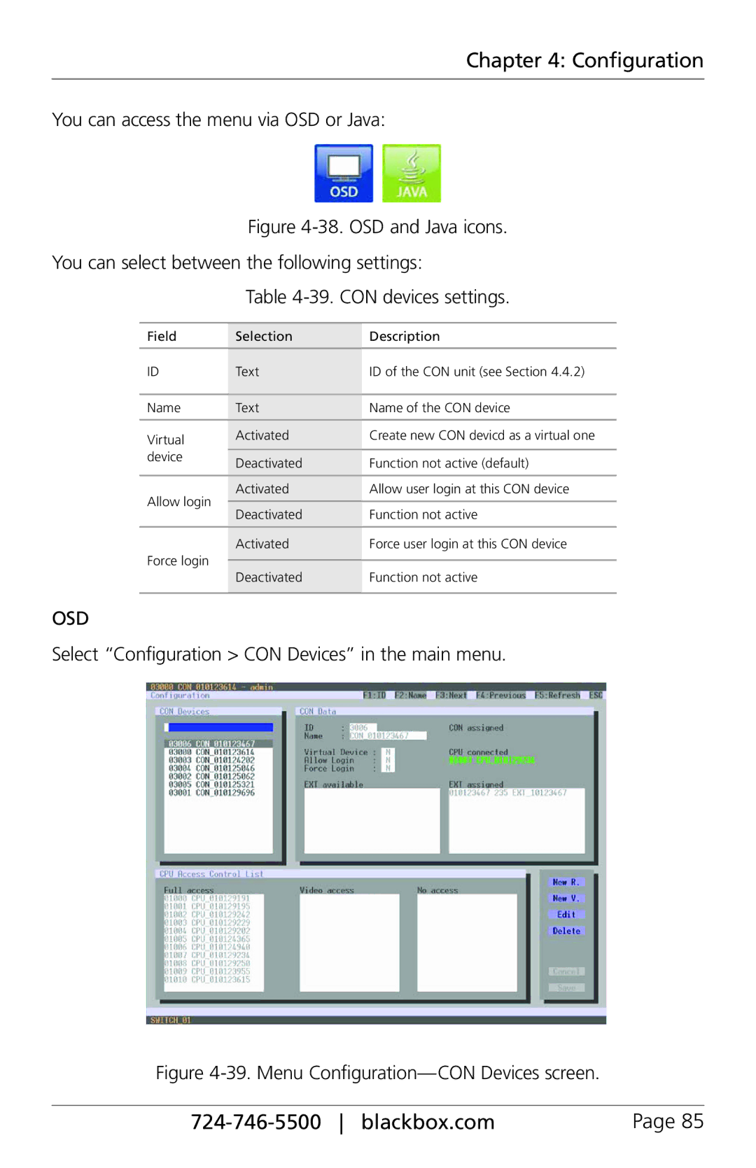 Black Box ACXSFPC, ACXIO8-C manual Select Configuration CON Devices in the main menu, Menu Configuration-CON Devices screen 