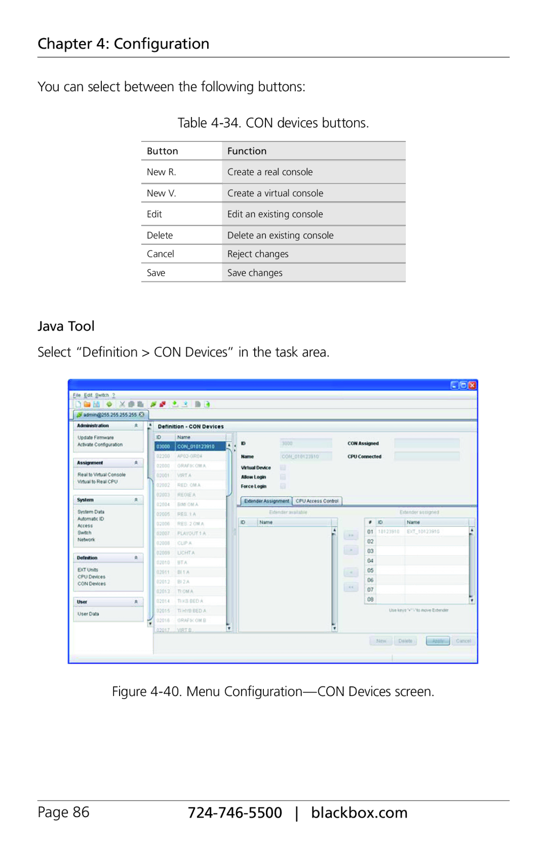 Black Box ACXSFPS, ACXSFPC Java Tool Select Definition CON Devices in the task area, Menu Configuration-CON Devices screen 