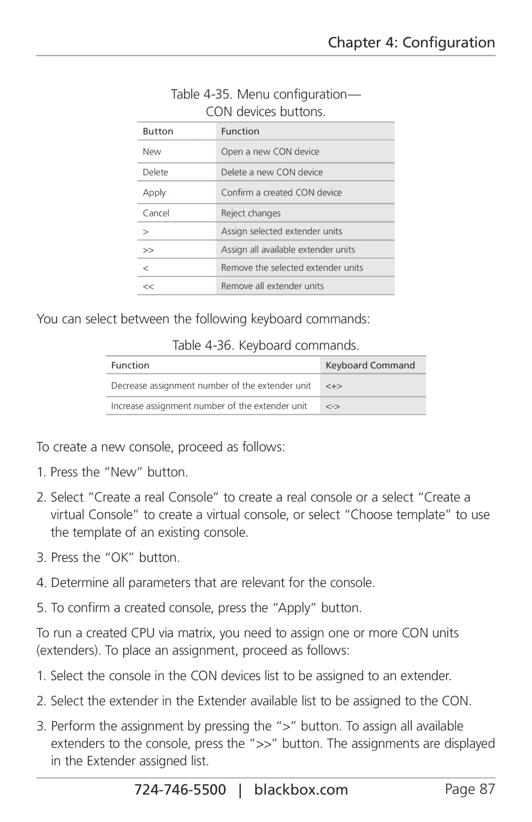 Black Box ACXIO8-SPF, ACXIO8-C, ACXSFPC, ACXSFPS, ACXIO8-SM, ACX288-PS, ACX288-CTL manual Menu configuration CON devices buttons 