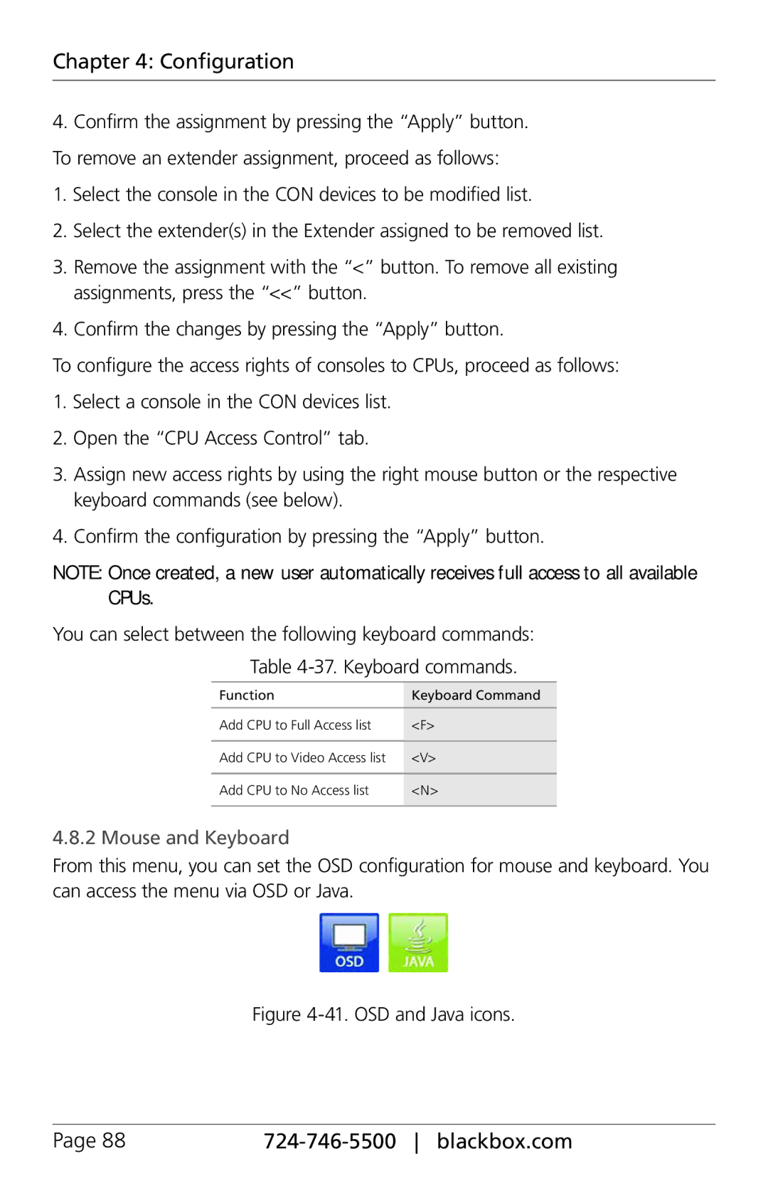 Black Box ACXIO8-SM, ACXIO8-C, ACXSFPC, ACXSFPS, ACXIO8-SPF, ACX288-PS, ACX288-CTL manual Mouse and Keyboard, OSD and Java icons 