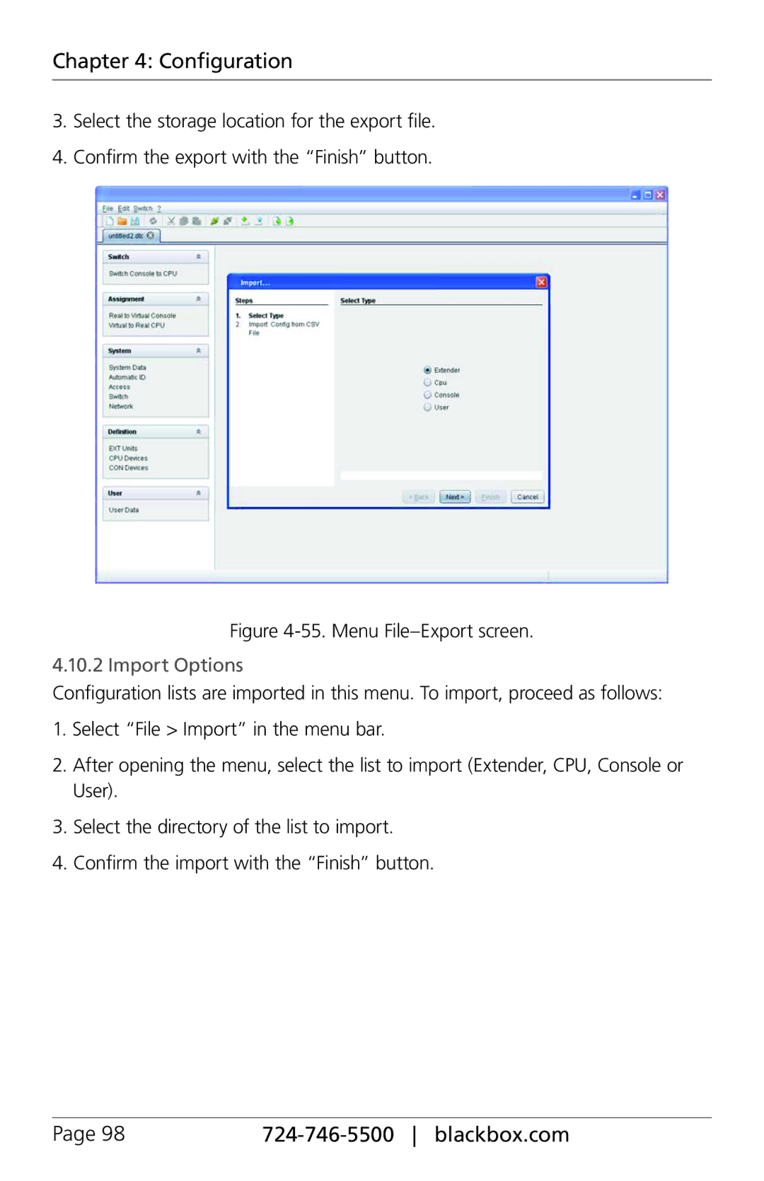 Black Box ACXIO8-C, ACXSFPC, ACXSFPS, ACXIO8-SPF, ACXIO8-SM, ACX288-PS, ACX288-CTL manual Menu File-Export screen, Import Options 