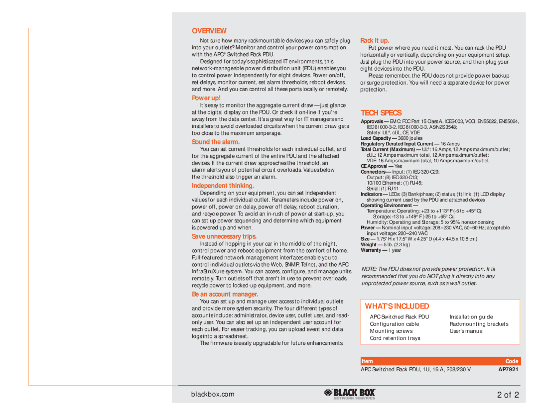 Black Box APC Switched Rack PDU manual Tech Specs, WHAT‘S Included 