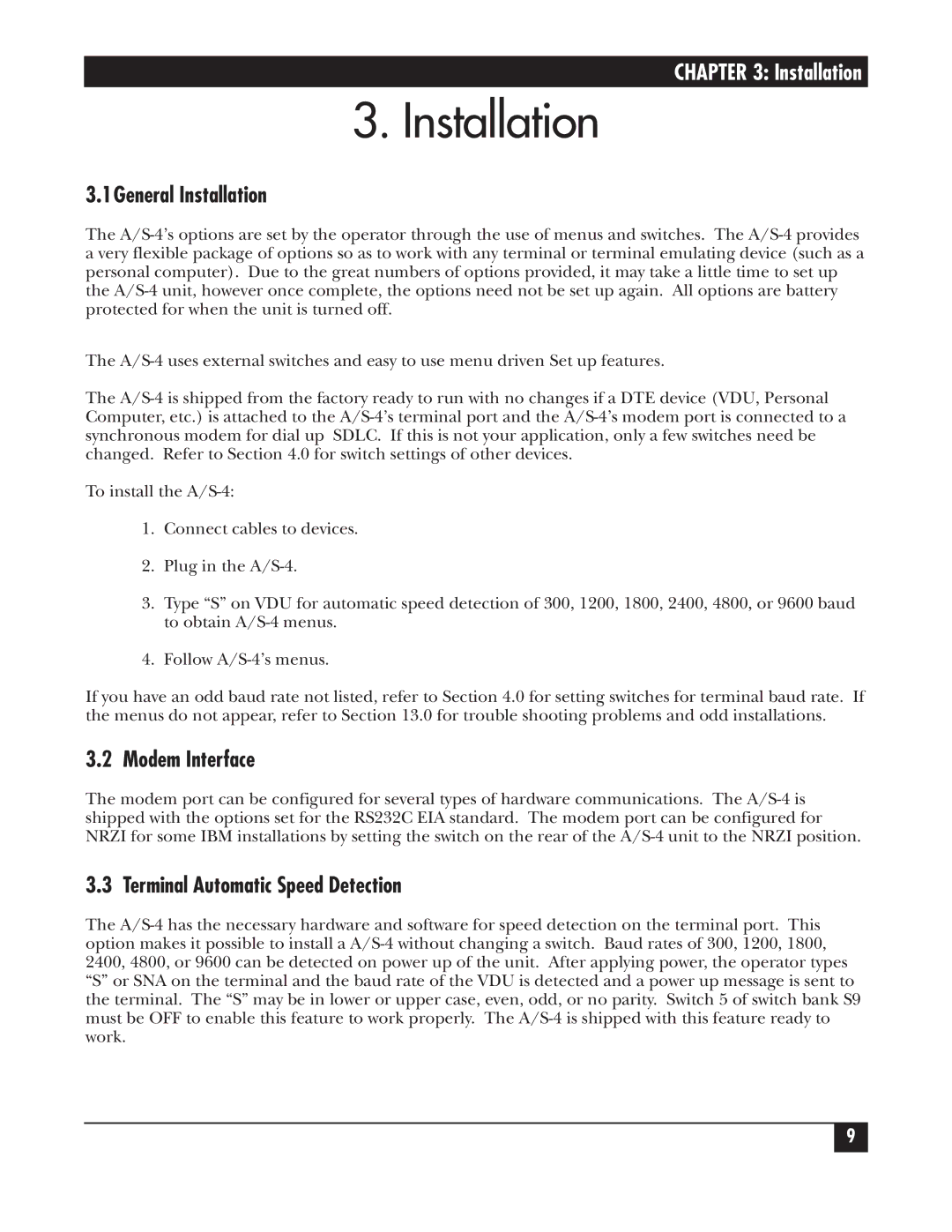 Black Box A/S-4 manual 1General Installation, Modem Interface, Terminal Automatic Speed Detection 