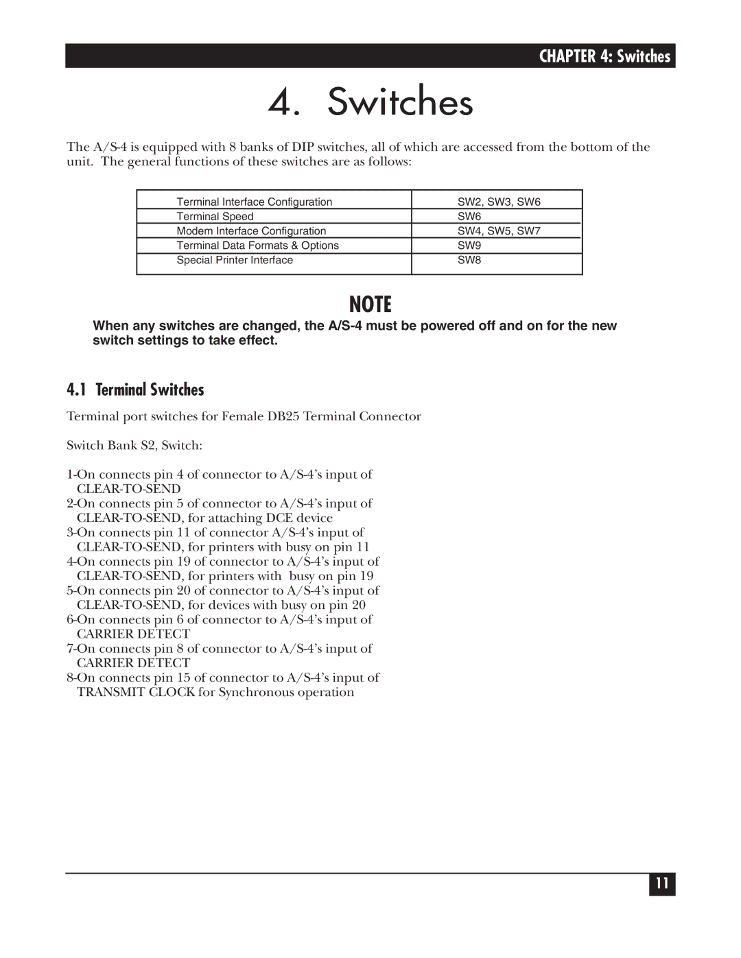 Black Box A/S-4 manual Terminal Switches, Clear-To-Send, Carrier Detect 