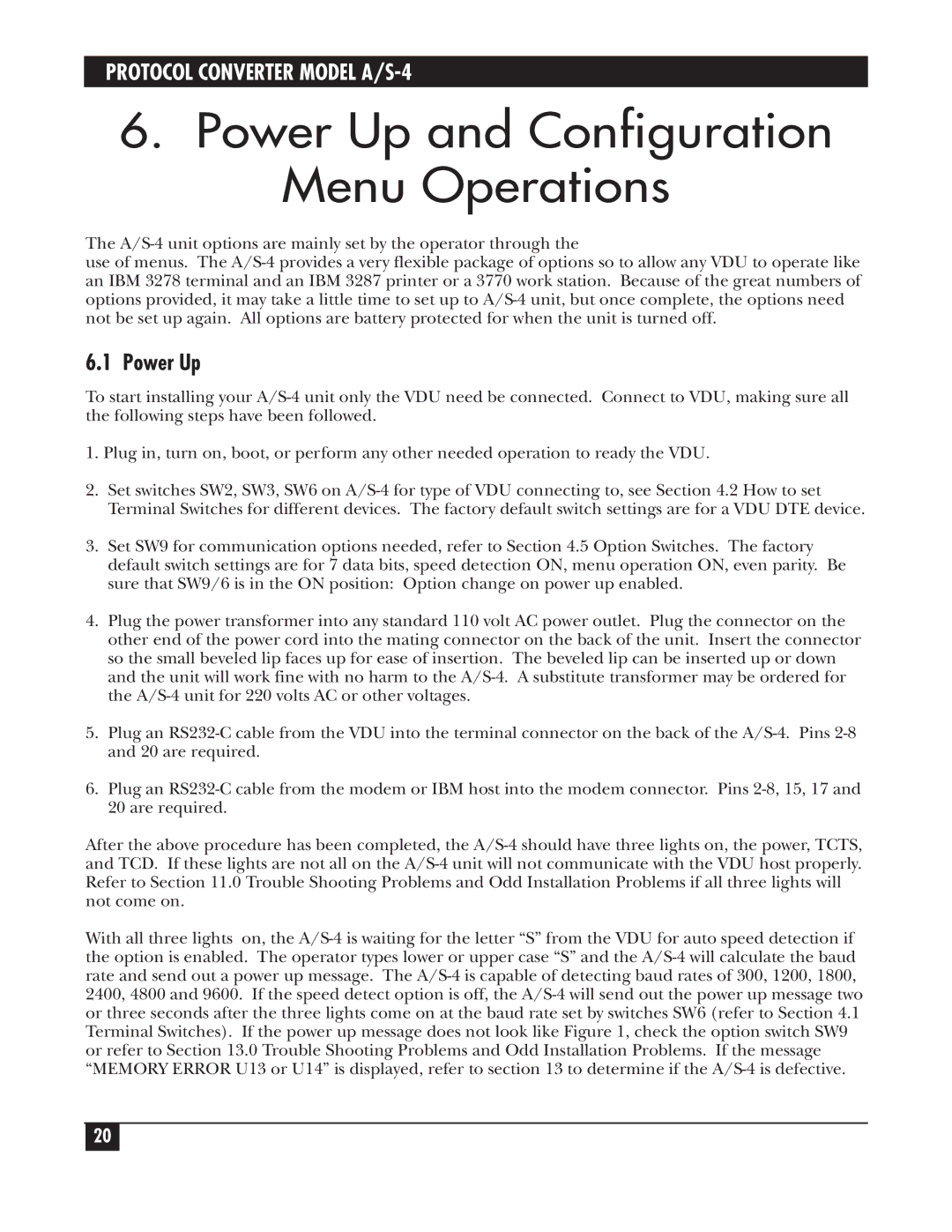 Black Box A/S-4 manual Power Up and Configuration Menu Operations 