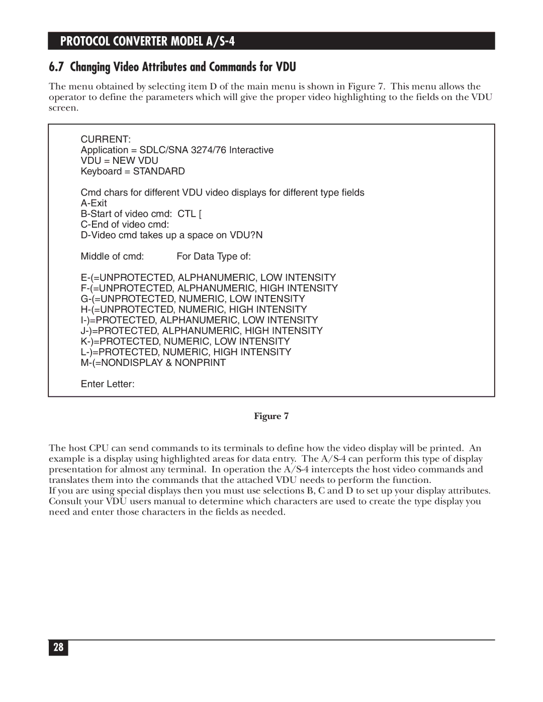 Black Box A/S-4 manual Changing Video Attributes and Commands for VDU 