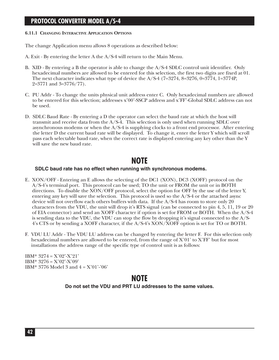 Black Box A/S-4 manual Do not set the VDU and PRT LU addresses to the same values 