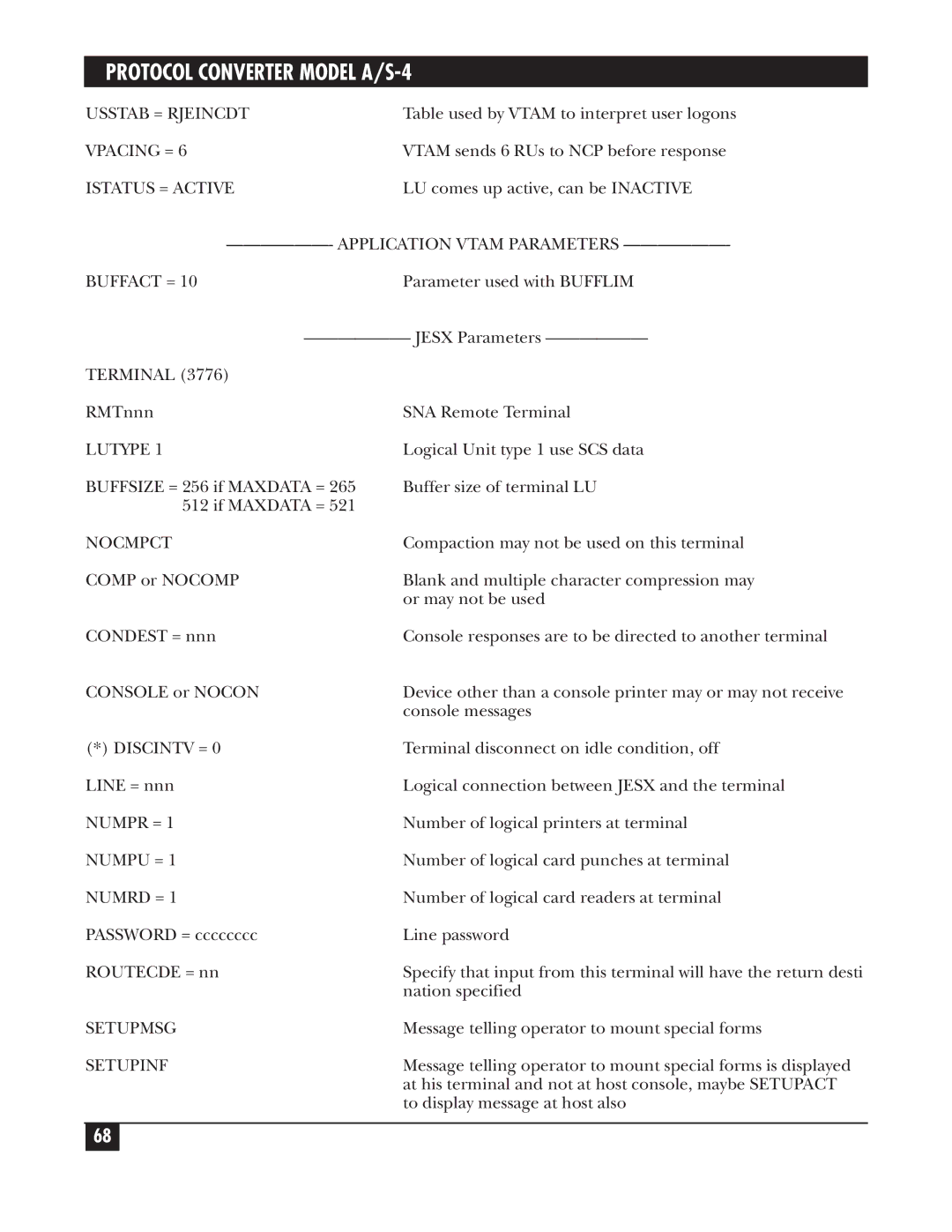 Black Box A/S-4 manual Usstab = Rjeincdt, Istatus = Active, Buffact =, Terminal, Lutype, Nocmpct, Setupmsg Setupinf 