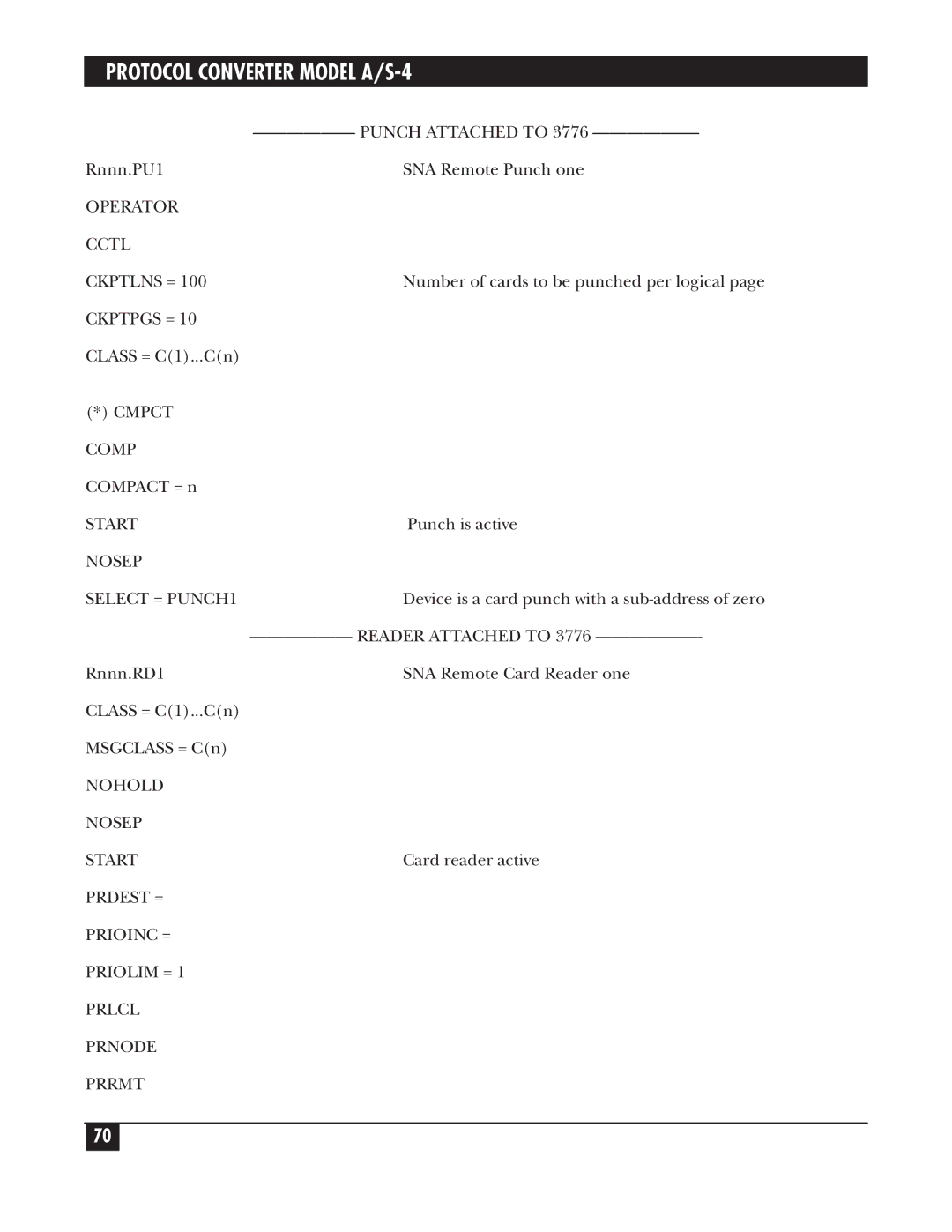 Black Box A/S-4 manual Operator Cctl Ckptlns =, Cmpct Comp, Nosep Select = PUNCH1, Nohold Nosep Start 