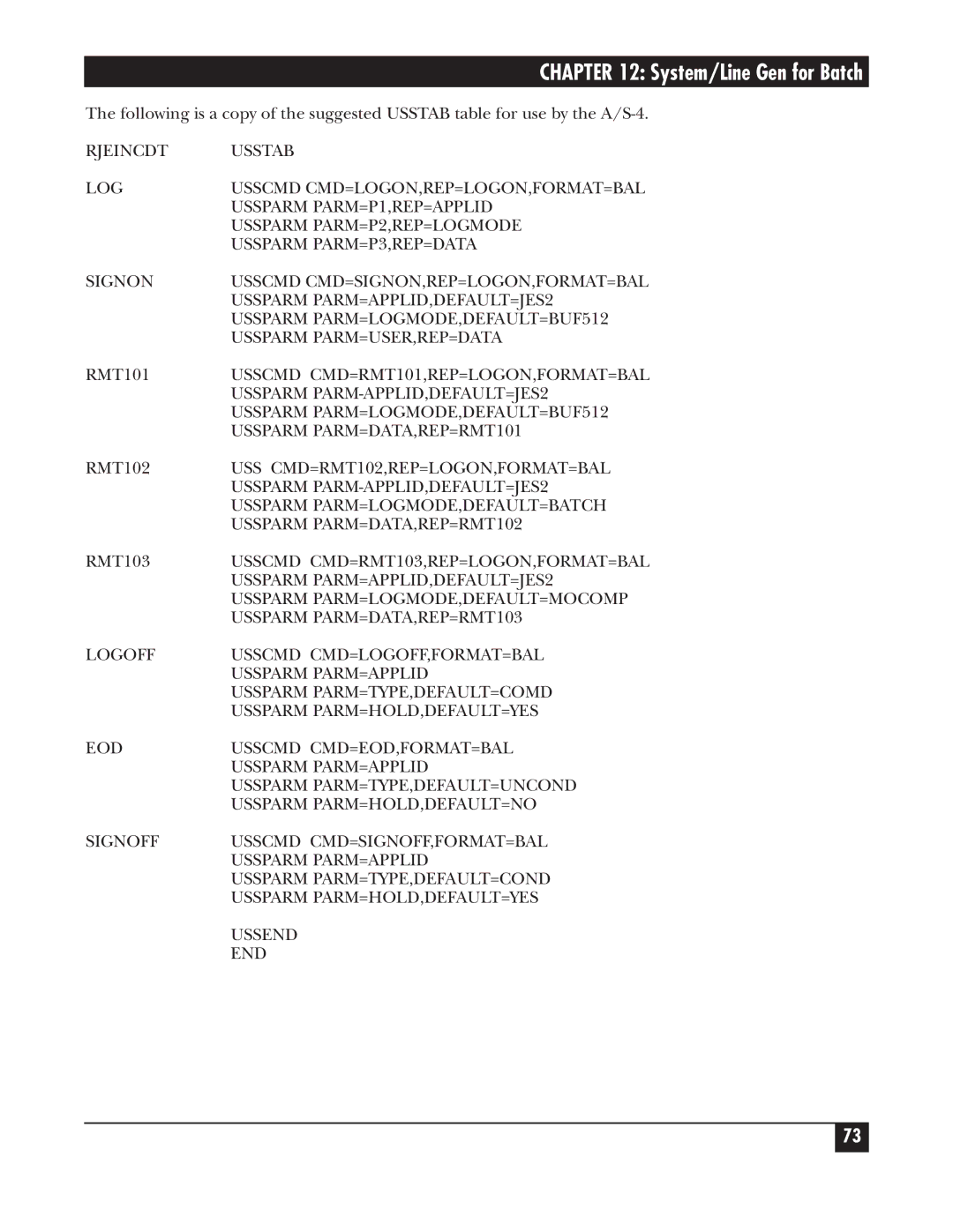 Black Box A/S-4 Usscmd CMD=RMT101,REP=LOGON,FORMAT=BAL, Ussparm PARM-APPLID,DEFAULT=JES2, Ussparm PARM=DATA,REP=RMT101 