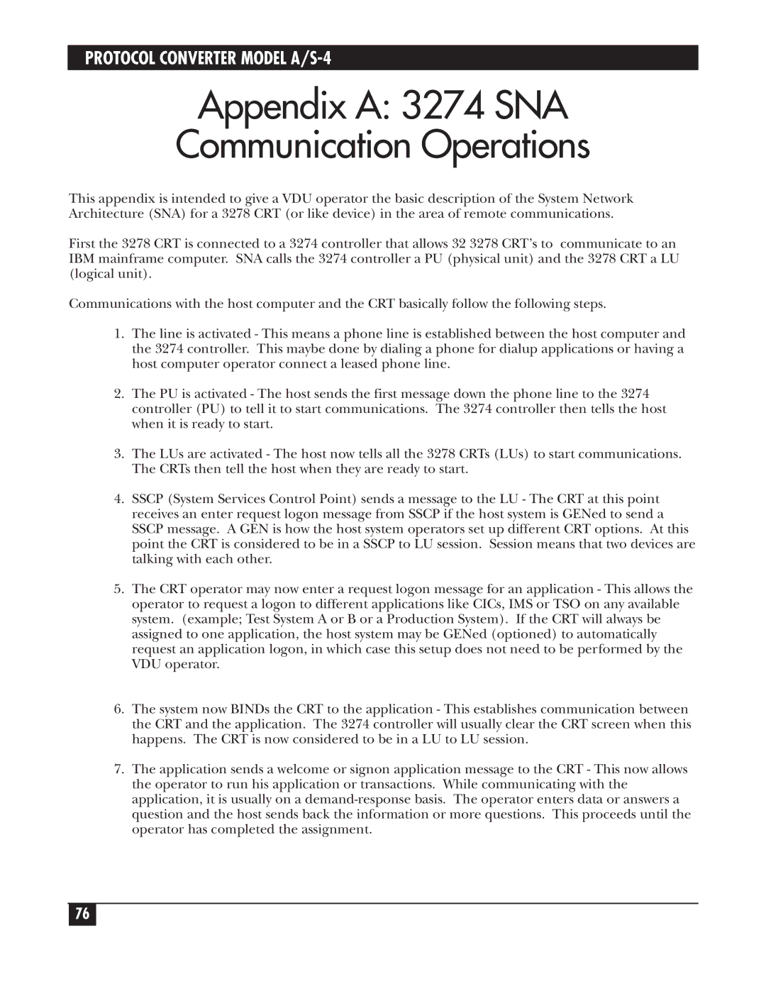 Black Box A/S-4 manual Appendix a 3274 SNA Communication Operations 