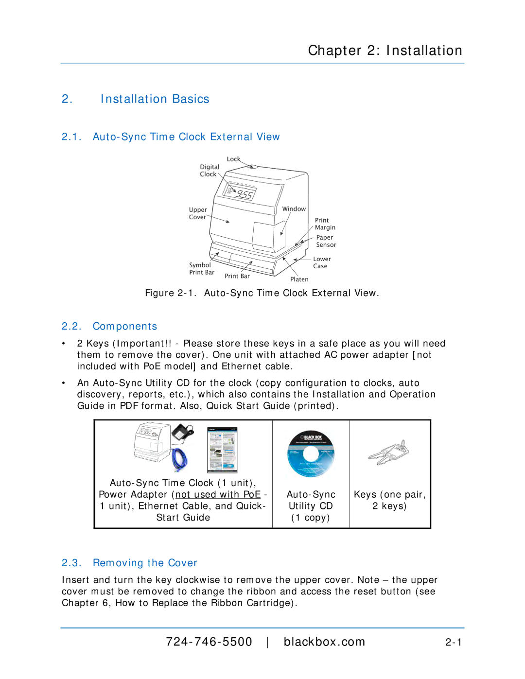 Black Box ASTCRCB, ASTCRCR, ASTCPOEK manual Installation, Auto-Sync Time Clock External View, Components, Removing the Cover 