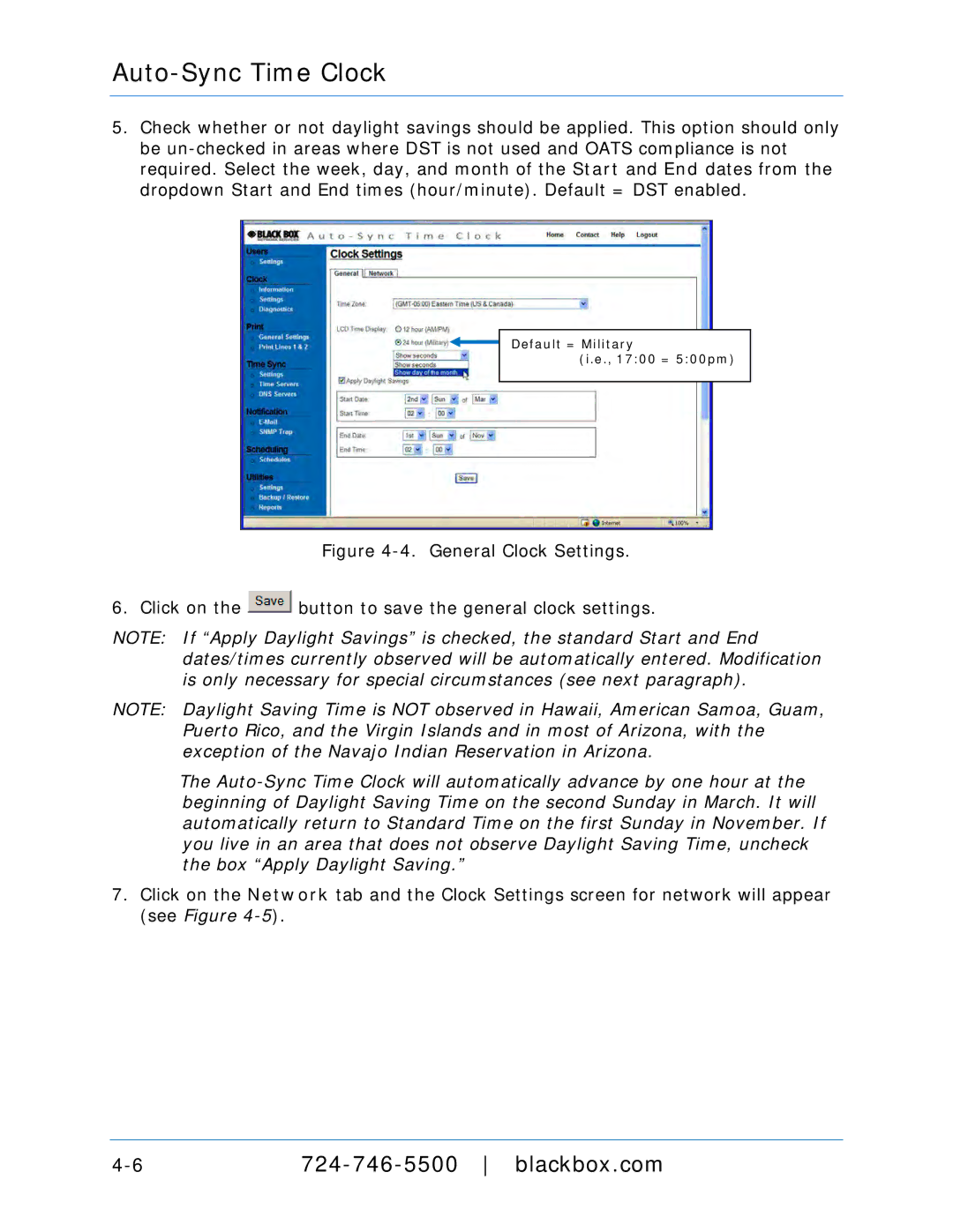 Black Box ASTCRCR, ASTCPOEK, ASTCBK, ASTCRCB, ASTCRCG, ASTCKEY, ASTC3000POE manual Default = Military 1700 = 500pm 