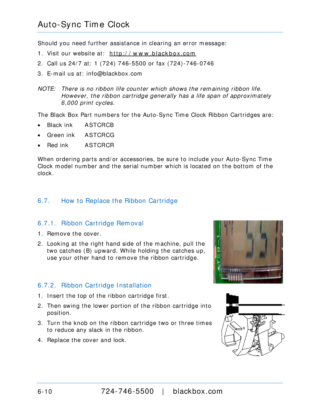 Black Box ASTCRCG, ASTCRCR How to Replace the Ribbon Cartridge Ribbon Cartridge Removal, Ribbon Cartridge Installation 