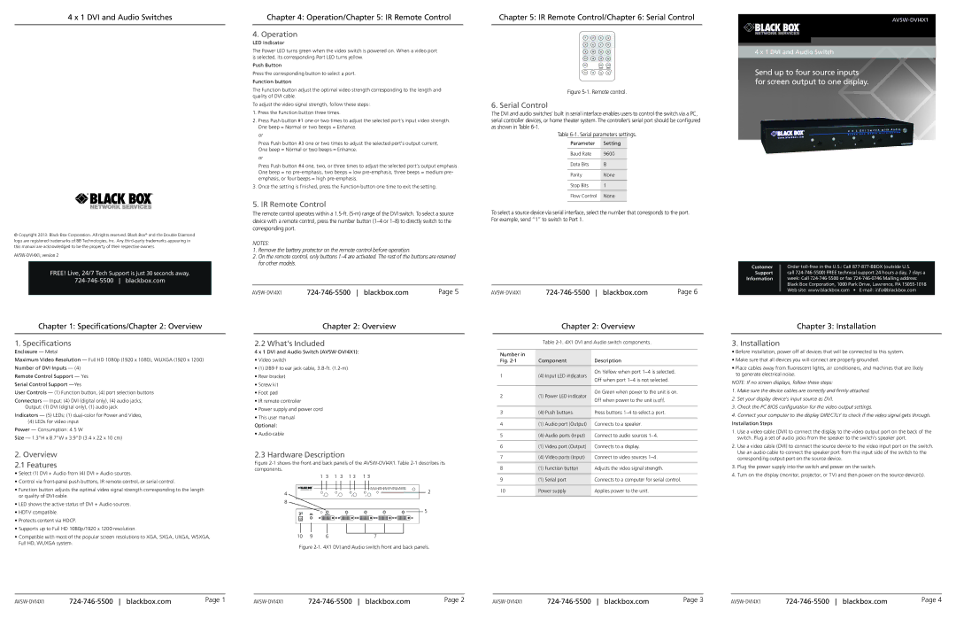 Black Box 4 x 1 DVI and Audio Switch specifications Operation, IR Remote Control, Serial Control, Specifications 