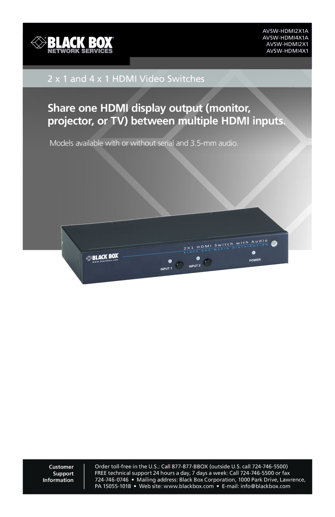 Black Box AVSW-HDMI2X1A, AVSW-HDMI4X1A, 2 x 1 and 4 x 1 HDMI Video Switches manual and 4 x 1 Hdmi Video Switches 