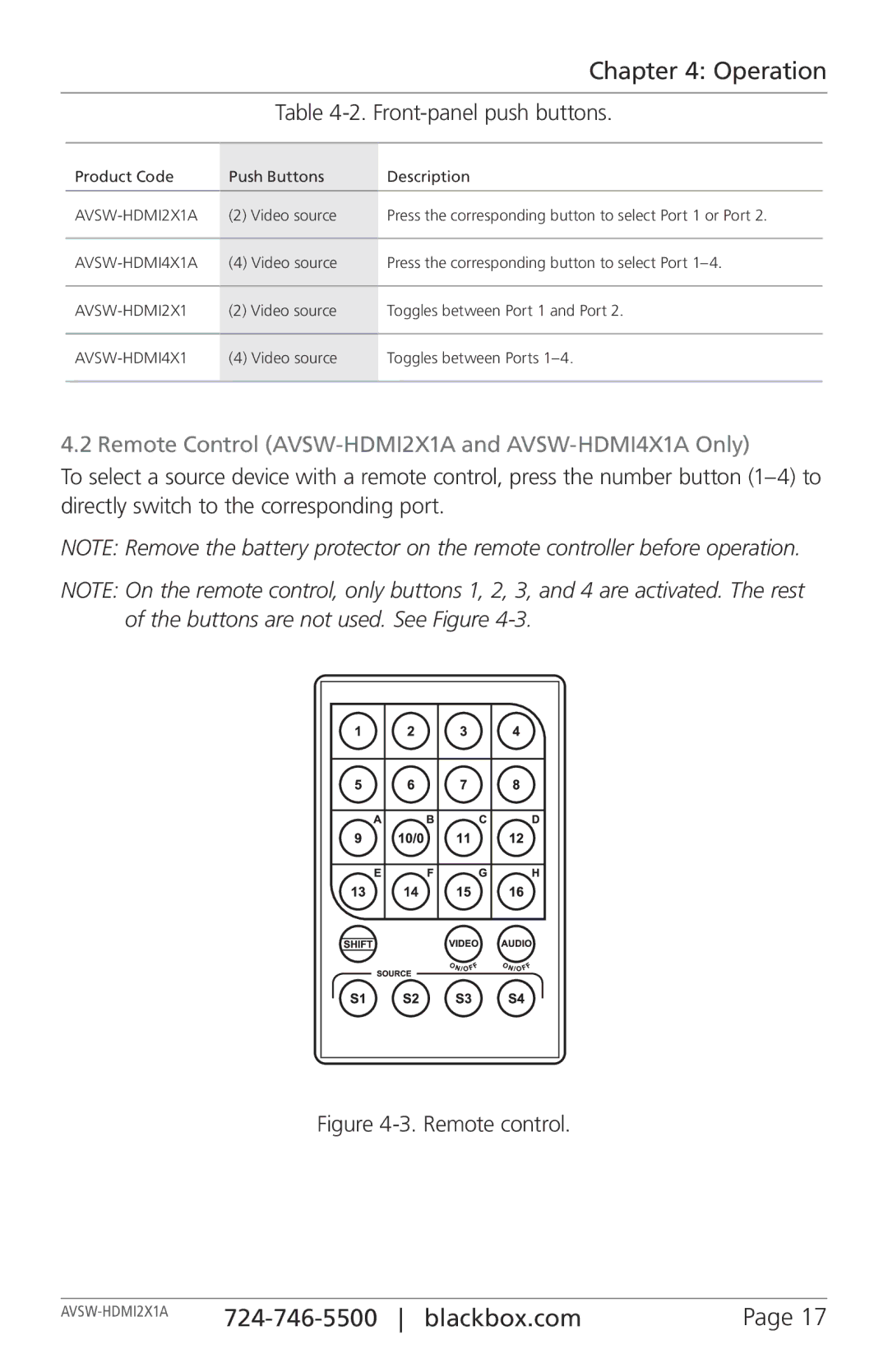 Black Box manual Front-panel push buttons, Remote Control AVSW-HDMI2X1A and AVSW-HDMI4X1A Only 