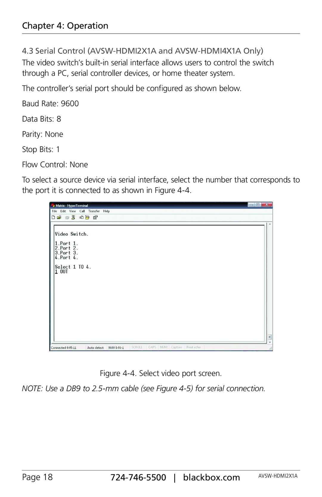 Black Box manual Serial Control AVSW-HDMI2X1A and AVSW-HDMI4X1A Only, Select video port screen 