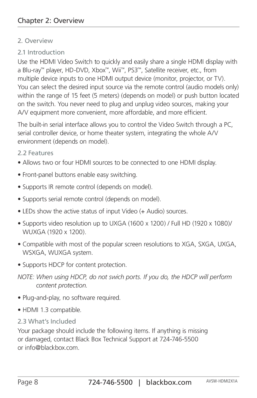 Black Box AVSW-HDMI2X1A, AVSW-HDMI4X1A manual Overview Introduction, Features, What’s Included 