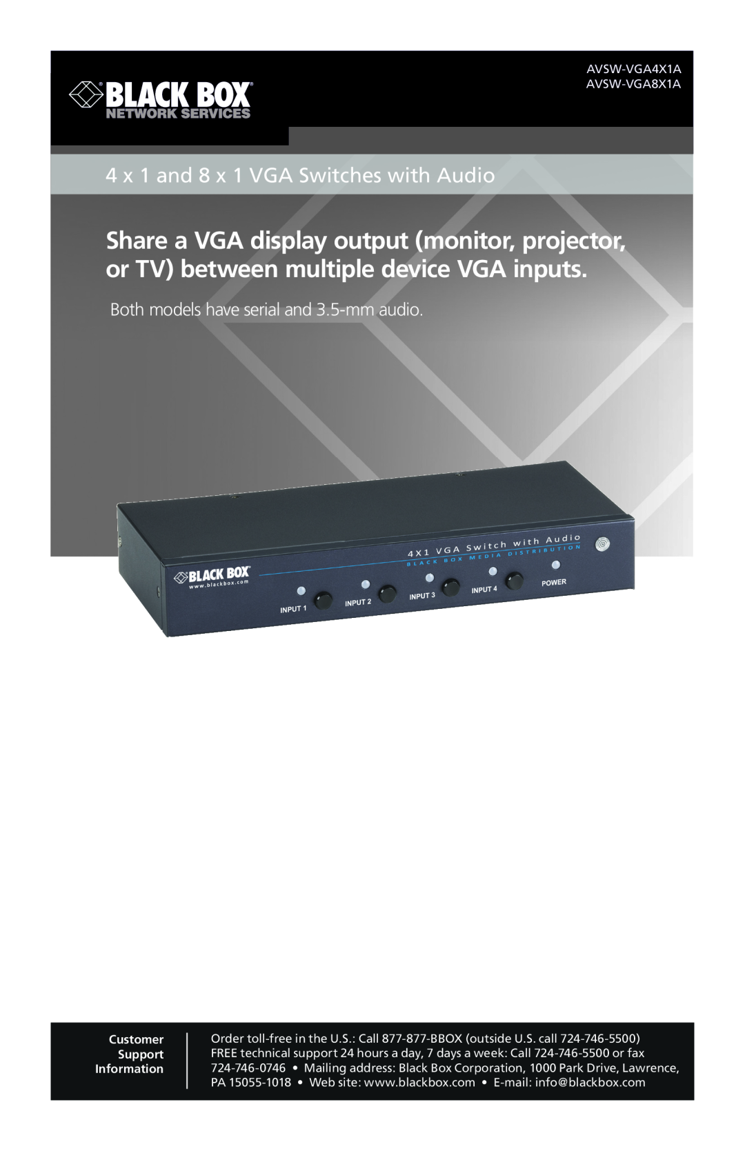 Black Box AVSW-VGA4X1A manual 4 x 1 and 8 x 1 VGA Switches with Audio, Both models have serial and 3.5-mm audio 